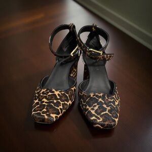 J crew Buckle-strap block heels in leopard-print,genuine calf hair, leather NWOT